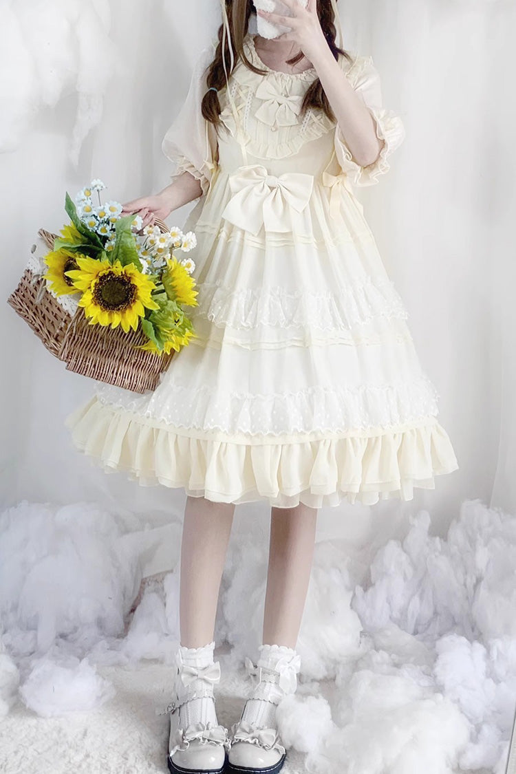 Cool Angel Sweet Lolita Dress with Bowknot, Ruffles & Short Lace Sleeves, Cream
