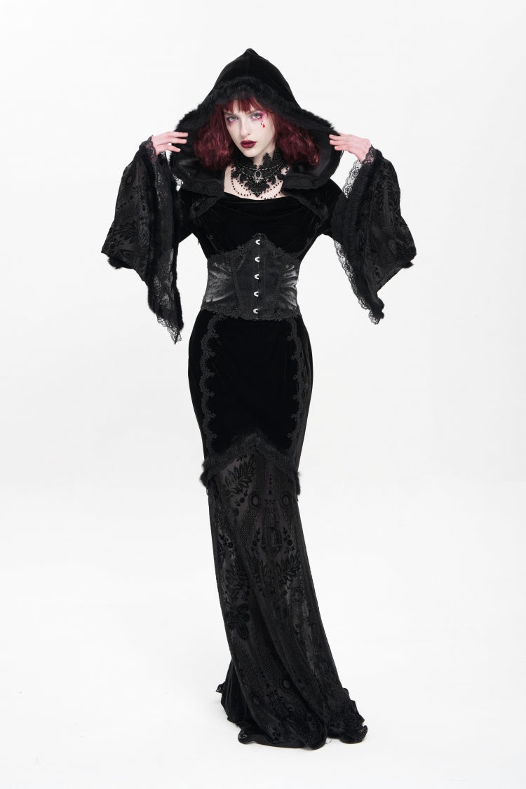Ebony Flared-Sleeve Embroidered Lace Hooded Sheer Gothic Dress