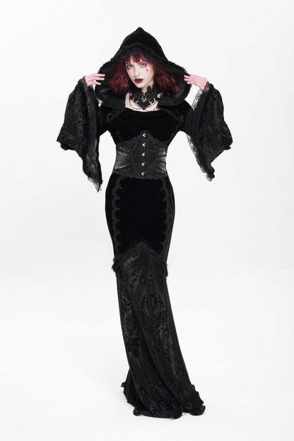 Ebony Flared-Sleeve Embroidered Lace Hooded Sheer Gothic Dress