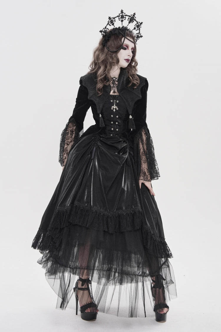 Ebony Flared-Sleeve Embroidered Lace Fitted Zip Gothic Batwing Jacket