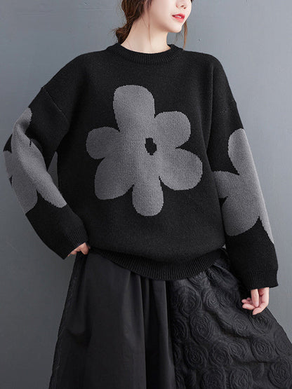 Cute Loose Black Round-Neck Contrast Color Flower Long Sleeve Sweater AN1070