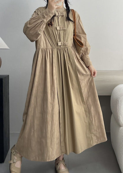 Khaki Pockets Solid Cotton Dresses Stand Collar Spring NN006