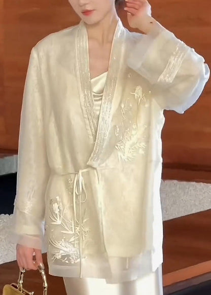 Cardigan Neck V Embroidered Up Lace Vintage Silk Beige Spring