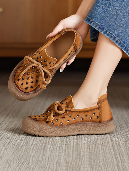 Genuine Shoes Hollow Out Summer Leather Flat Women