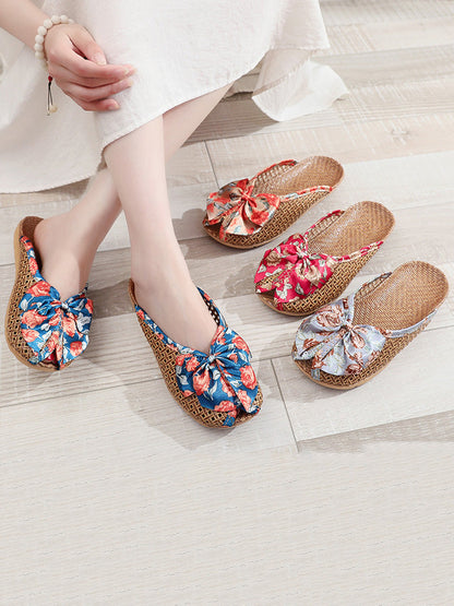Bowknot Ethnic Weave Women Indoor Slippers Straw Flower