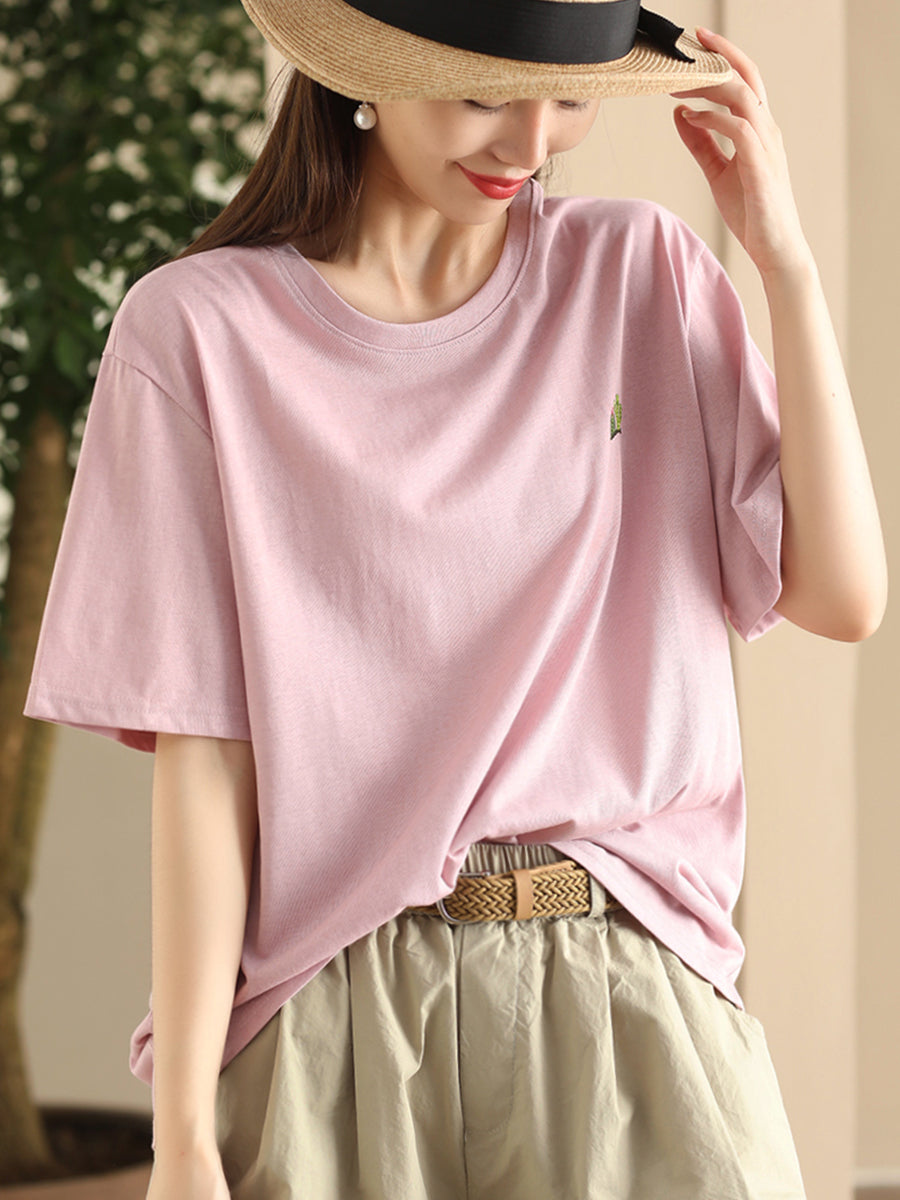 Women Summer Casual Solid Embroidery O-Neck Cotton Shirt CX060