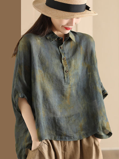 Women Summer Vintage Tie-dye POLO Ramie Shirt OO1045