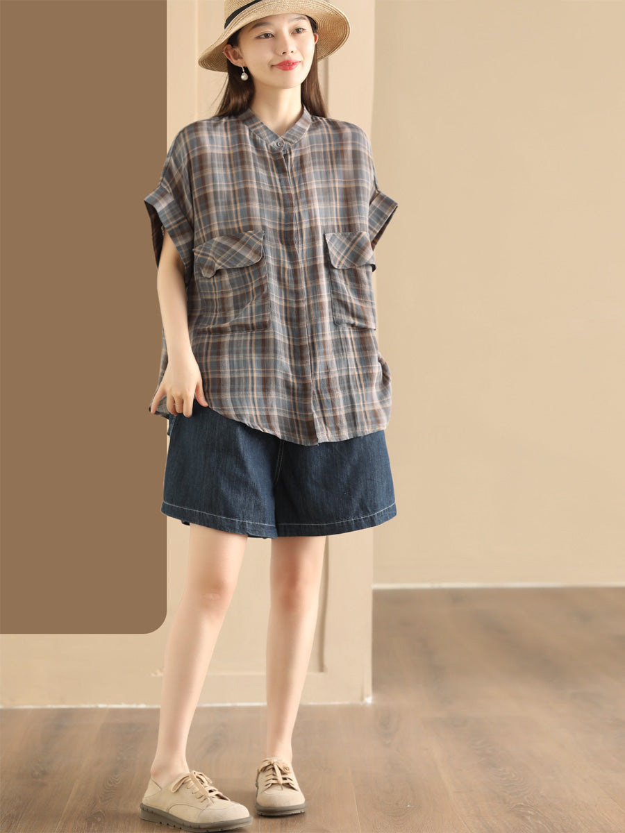 Women Summer Vintage Plaid Button-up Shirt PP1037