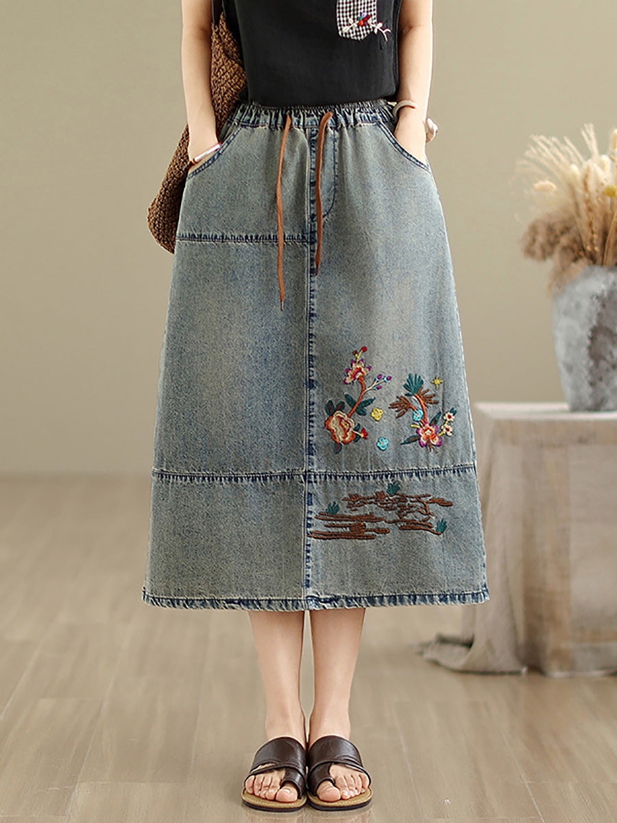 Denim Women Artsy Spring Flower Embroidery Skirt