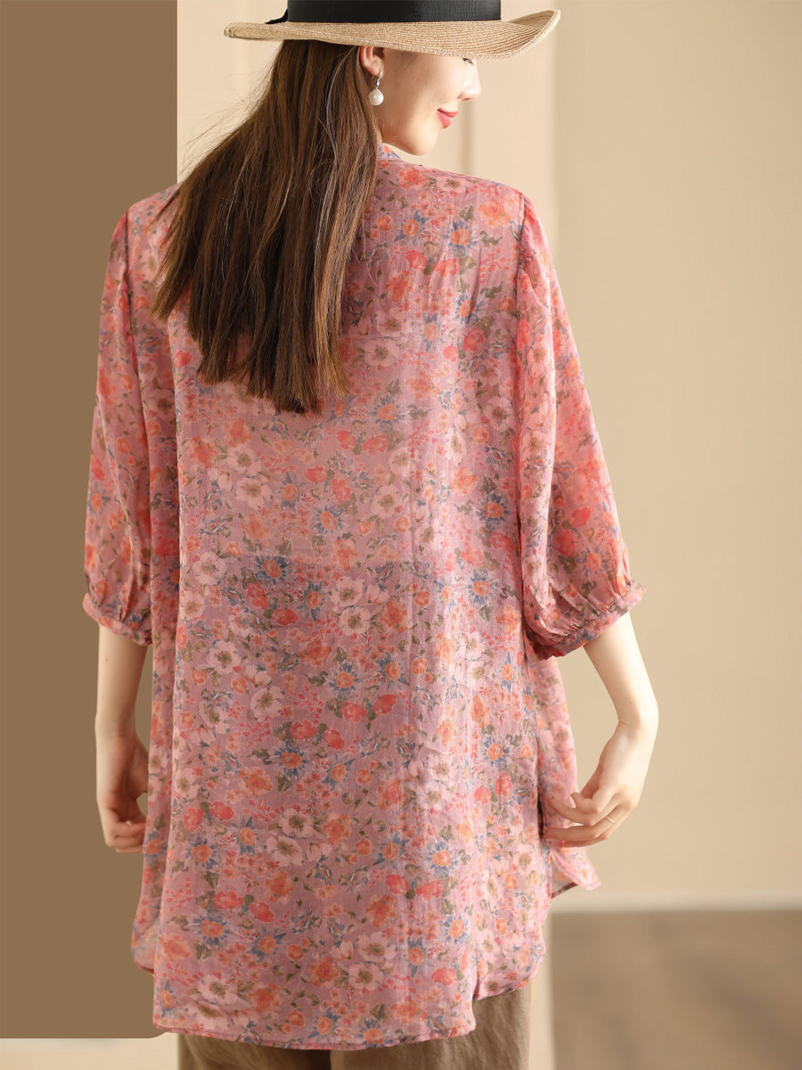 Chemise longue d'été en ramie à imprimé floral artistique pour femme BN1007