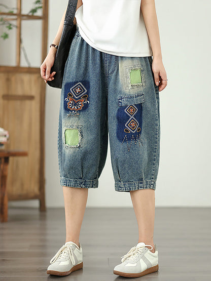 Denim Flower Retro Embroidery Fifth Women Pants Patchwork