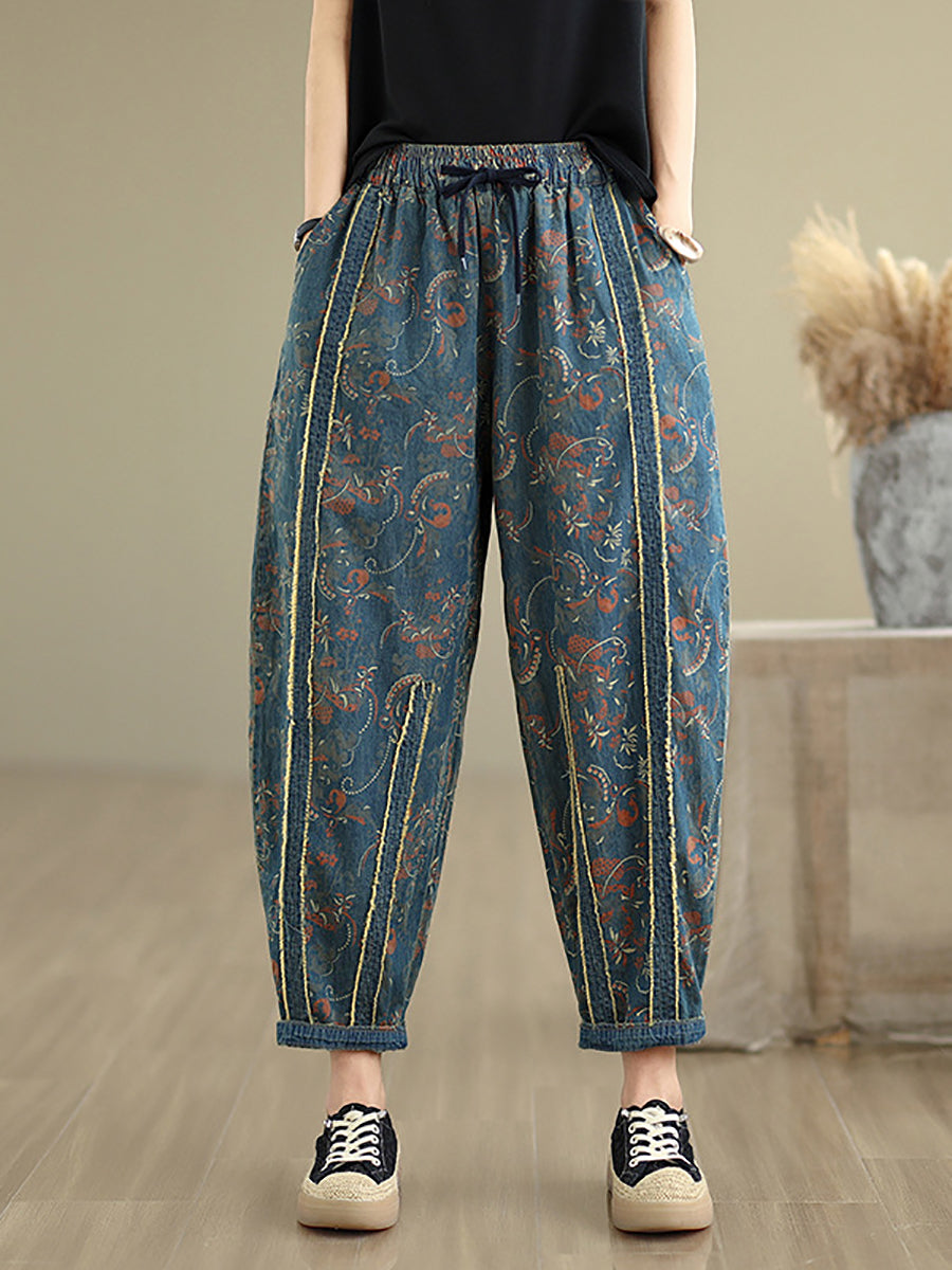 Denim Patchwork Pants Harem Women Retro Flower
