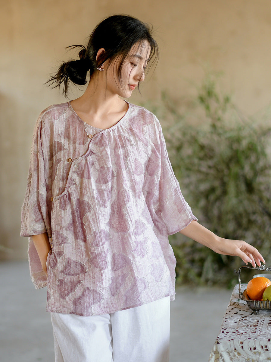 Women Summer Vintage Print O-Neck Button Loose Shirt II1009