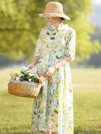 Robe d'été en ramie à bretelles et imprimé végétal artistique pour femmes CC032