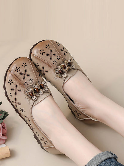 Chaussures d'été en cuir vintage à découpes florales pour femmes FG1026