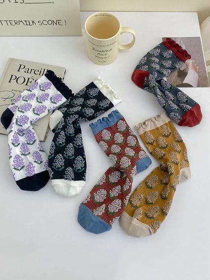 5 Pairs Women Artsy Foral Embroidery Colorblock Cotton Socks AV1043