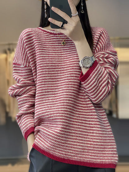 Women Autumn Casual Stripe O-Neck Wool Knit Sweater AT1012