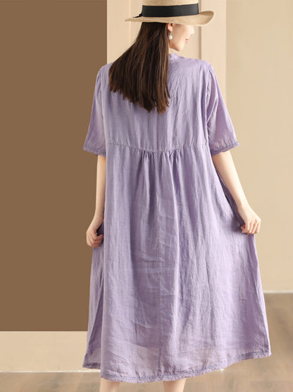 Women Summer Casual Solid Shirred Button Linen Dress HH019