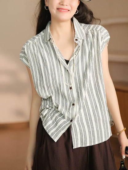 Women Summer Casual Stripe Button-up Cotton Shirt LL043