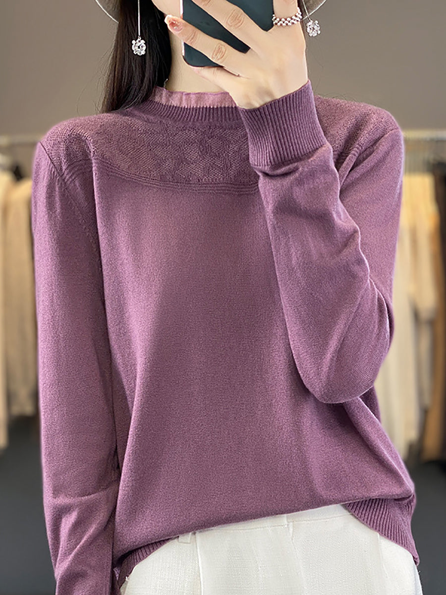 Pull ample 100 % laine à col en dentelle pour femme QM020