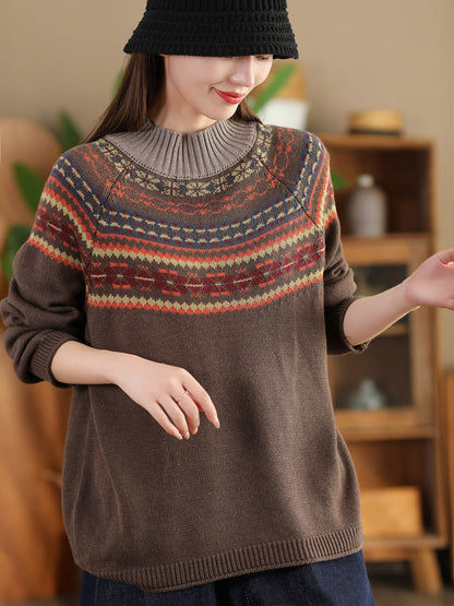 Women Vintage Autumn Jacquard Half Turtleneck Sweater AI1005