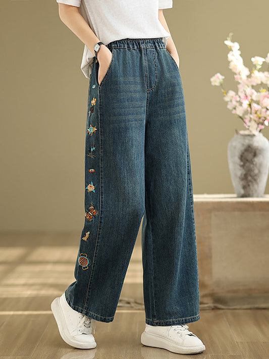 Pants Embroidery Women Wide-leg Retro Denim