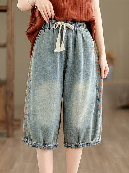 Women Summer Spliced Washed Denim Knee Length Pants OP1039