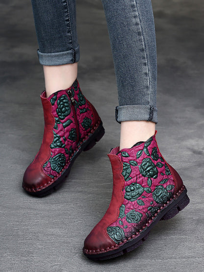 Women Retro Flower Leather Spliced Zipper Low Heel Boots AT1067