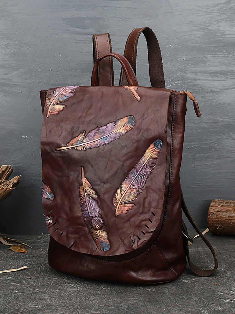 Women Vintage Leather Feather Embossing Backpack AH1089