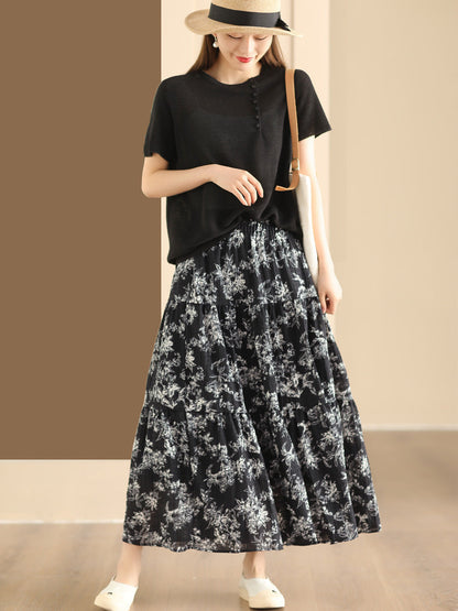 Women Summer Vintage Floral Cotton Loose Skirt BN1017