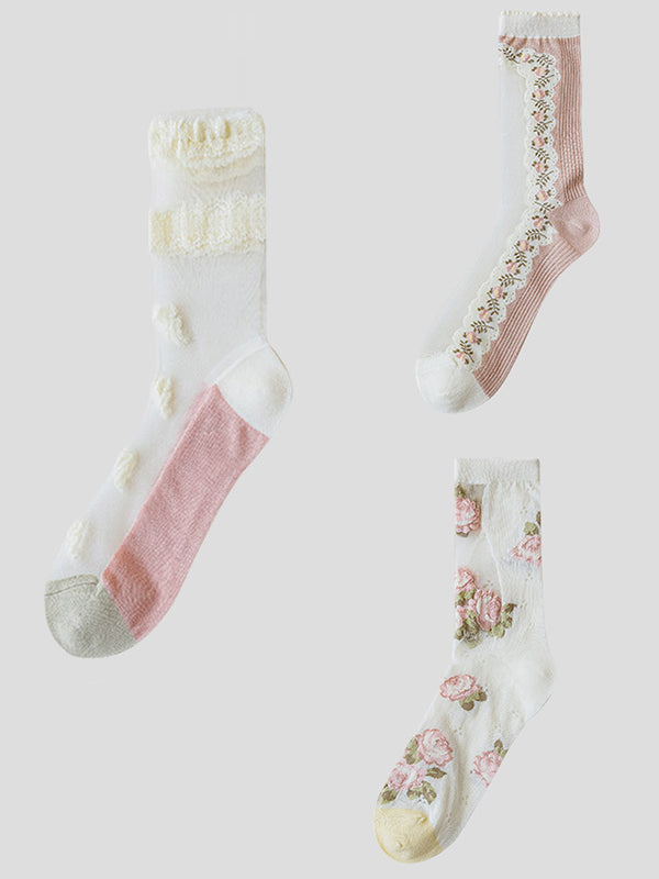 3 Pairs Women Elegant Flower Lace Spliced Thin Socks BN1032