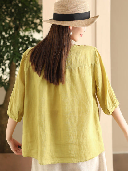 Women Summer Artsy Embroidery V-Neck Ramie Shirt FD005