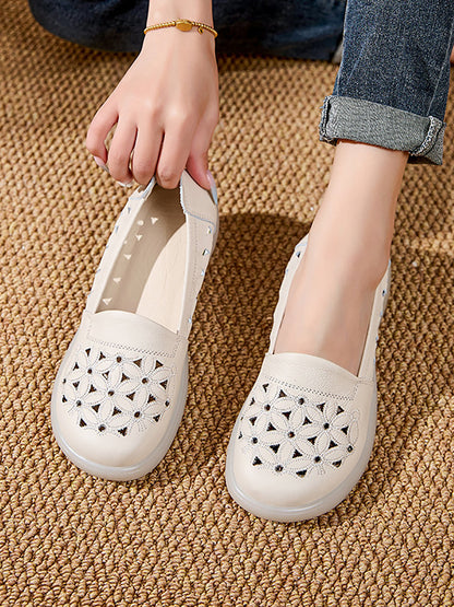 Leather Mid Shoes Flower Summer Women Soft Heel