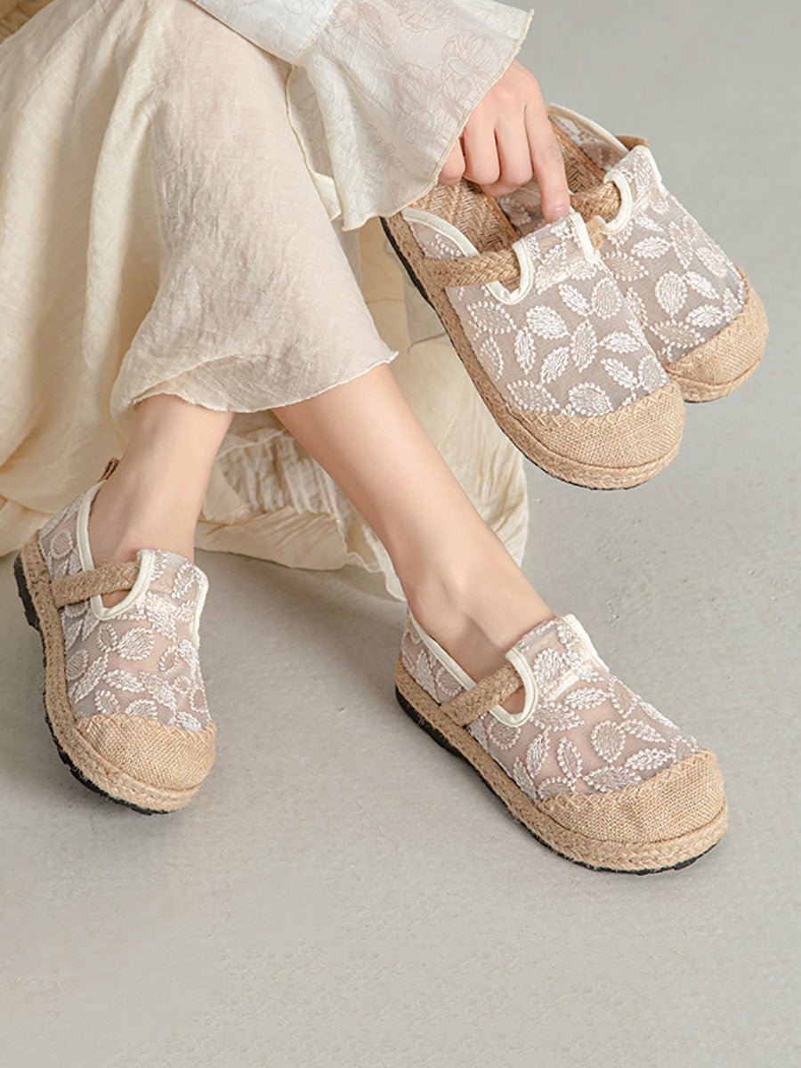 Embroidery Flat Ethnic Women Linen Summer Shoes Flower