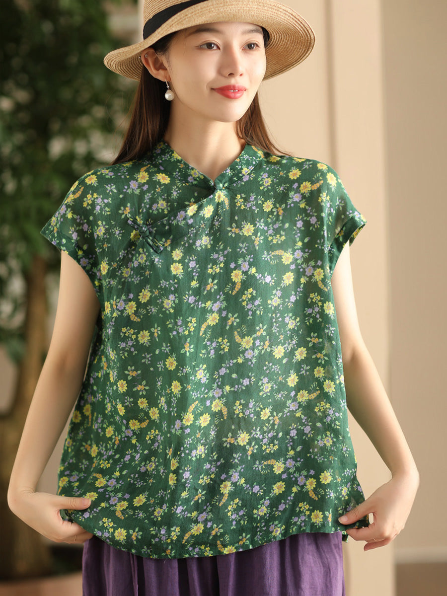 Women Summer Vintage Floral Stand Collar Ramie Shirt FD045