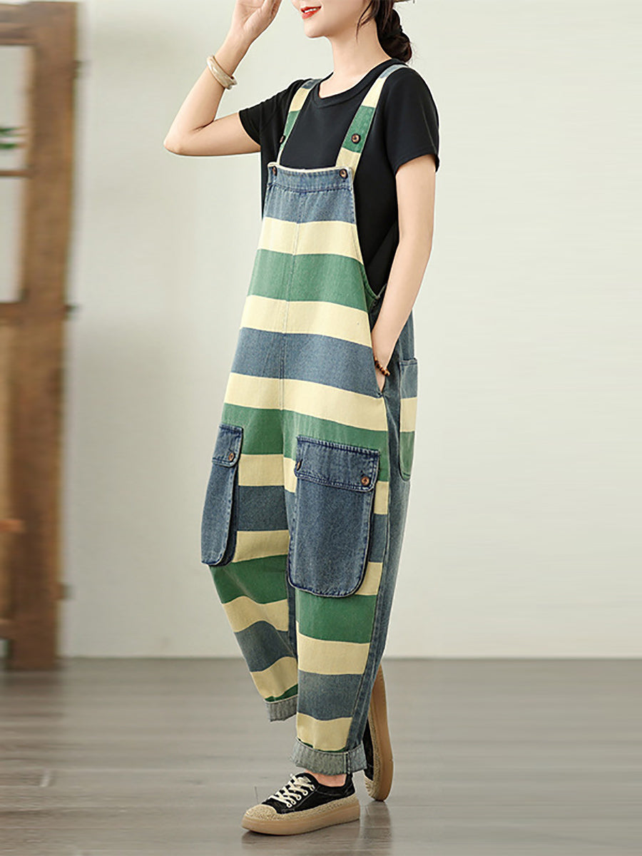 Summer Colorblock Women Loose Denim Stripe Jumpsuits