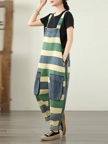 Summer Colorblock Women Loose Denim Stripe Jumpsuits