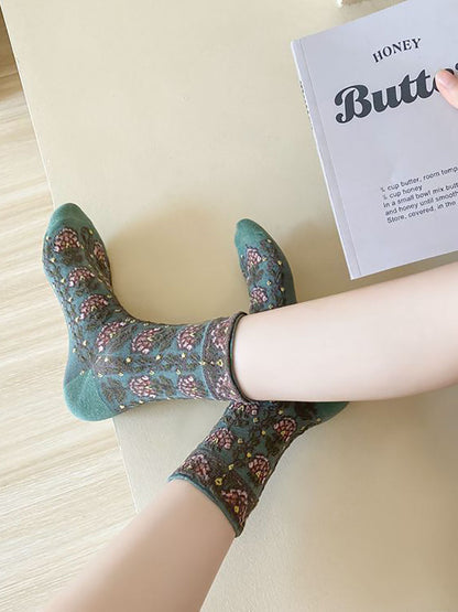 5 Pairs Women Artsy Flower Jacquard Socks AX1028