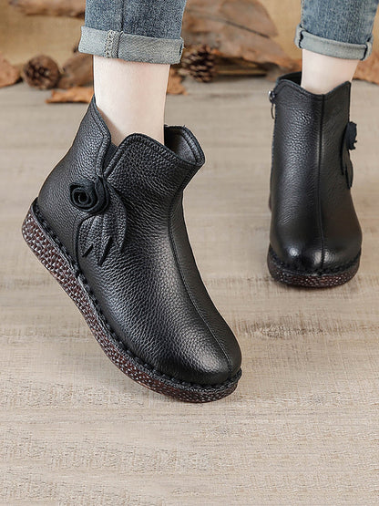 Women Vintage Genuine Leather Flower Flat Ankle Boots QN013