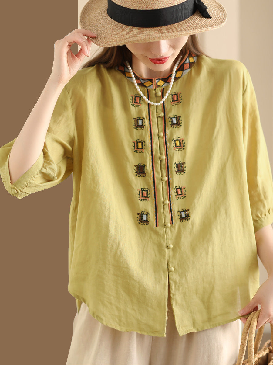 Women Summer Ethnic Embroidery Ramie Shirt BN1039