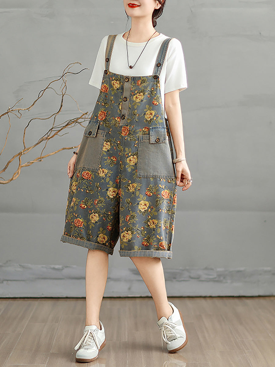 Denim Jumpsuits Short Artsy Women Flower Summer