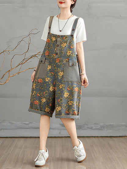 Denim Jumpsuits Short Artsy Women Flower Summer