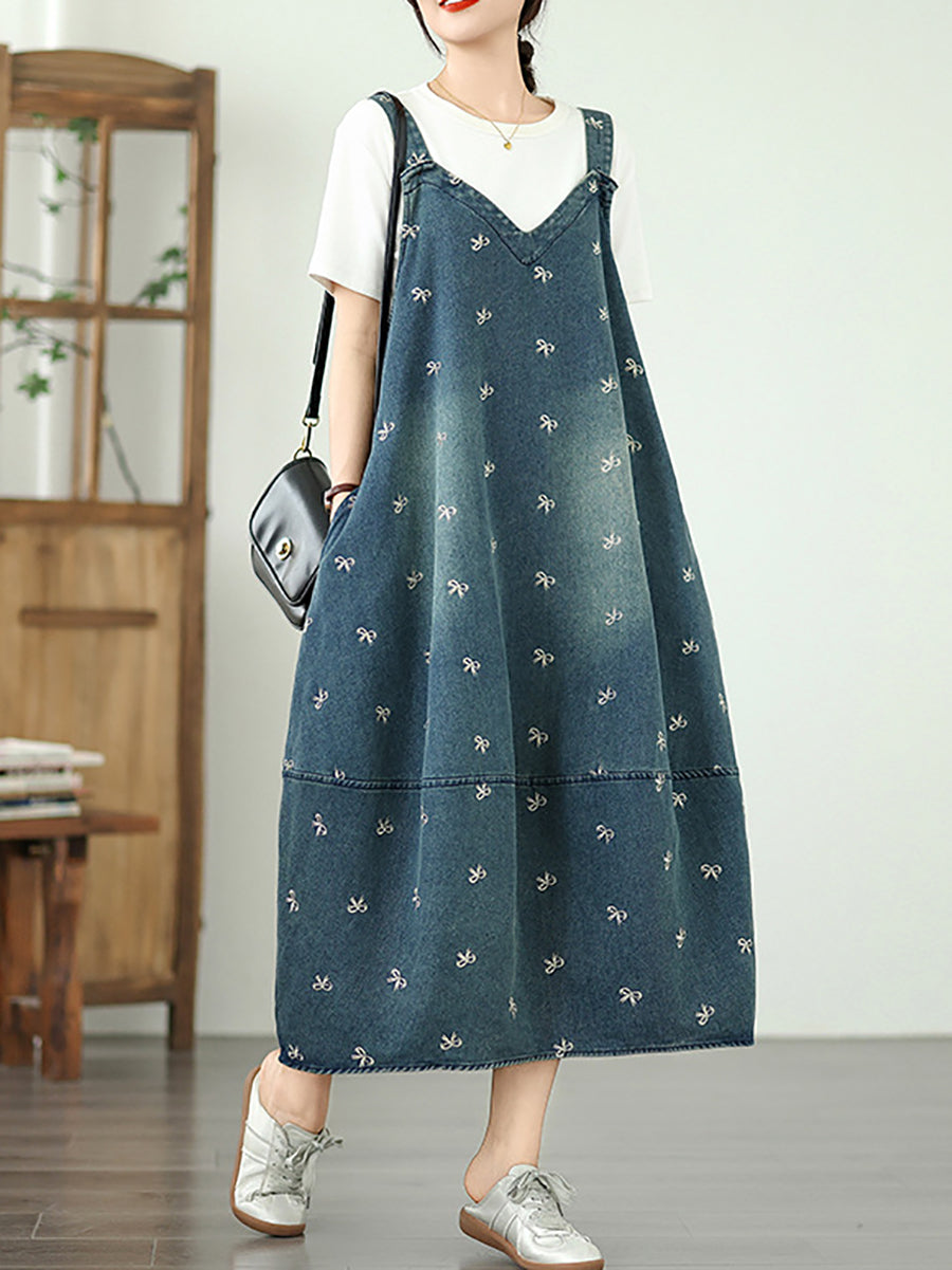 Dress Overall Denim Bowknot Women Summer Embroidery