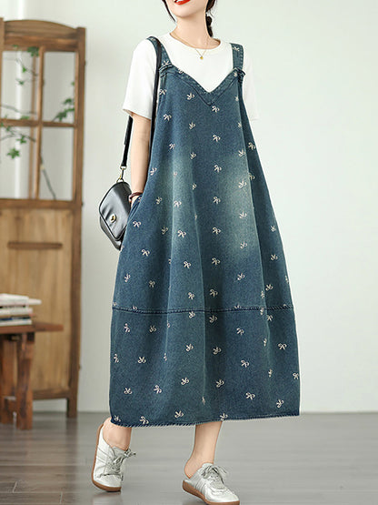 Dress Overall Denim Bowknot Women Summer Embroidery