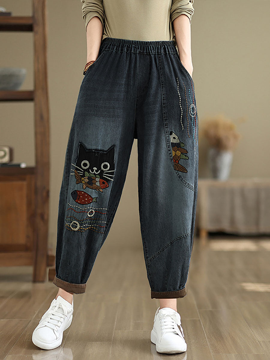 Women Autumn Casual Cat Patch Spliced Denim Harem Pants AV1004