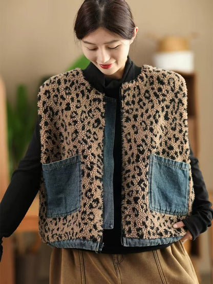 Women Autumn Retro Leopard O-Neck Dual-side Wearing Vest QN008