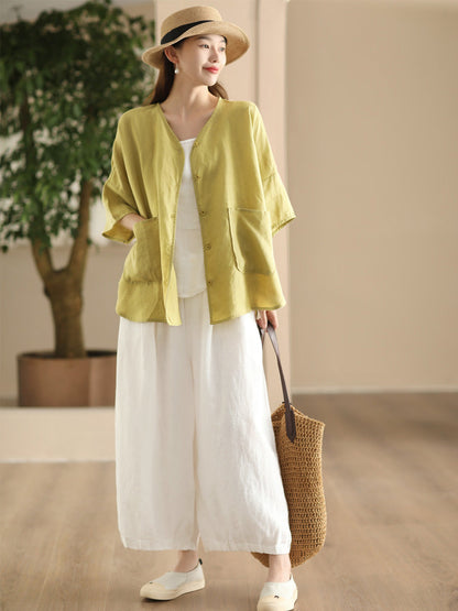 Women Summer Vintage Solid Linen Wide-leg Pants FD038