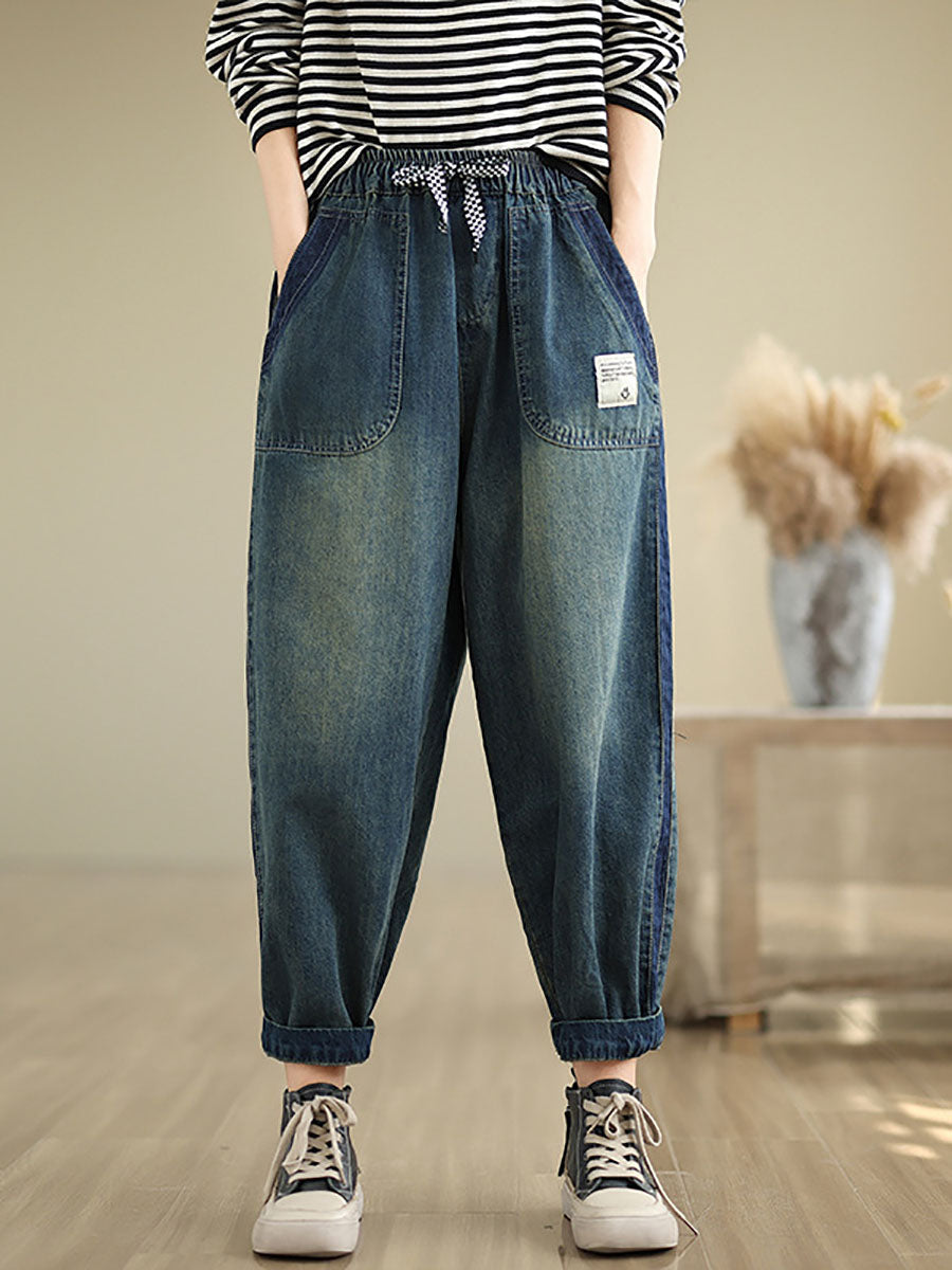 Women Casual Pockets Washed Denim Harem Pants AT1003