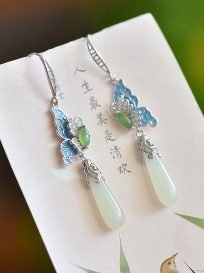 Butterfly Ethnic Enamel Earrings Women Jade S925Silver