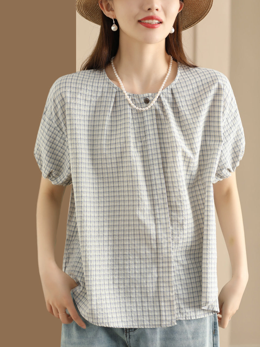 Chemise ample en coton à carreaux artistiques d'été pour femmes CV1007